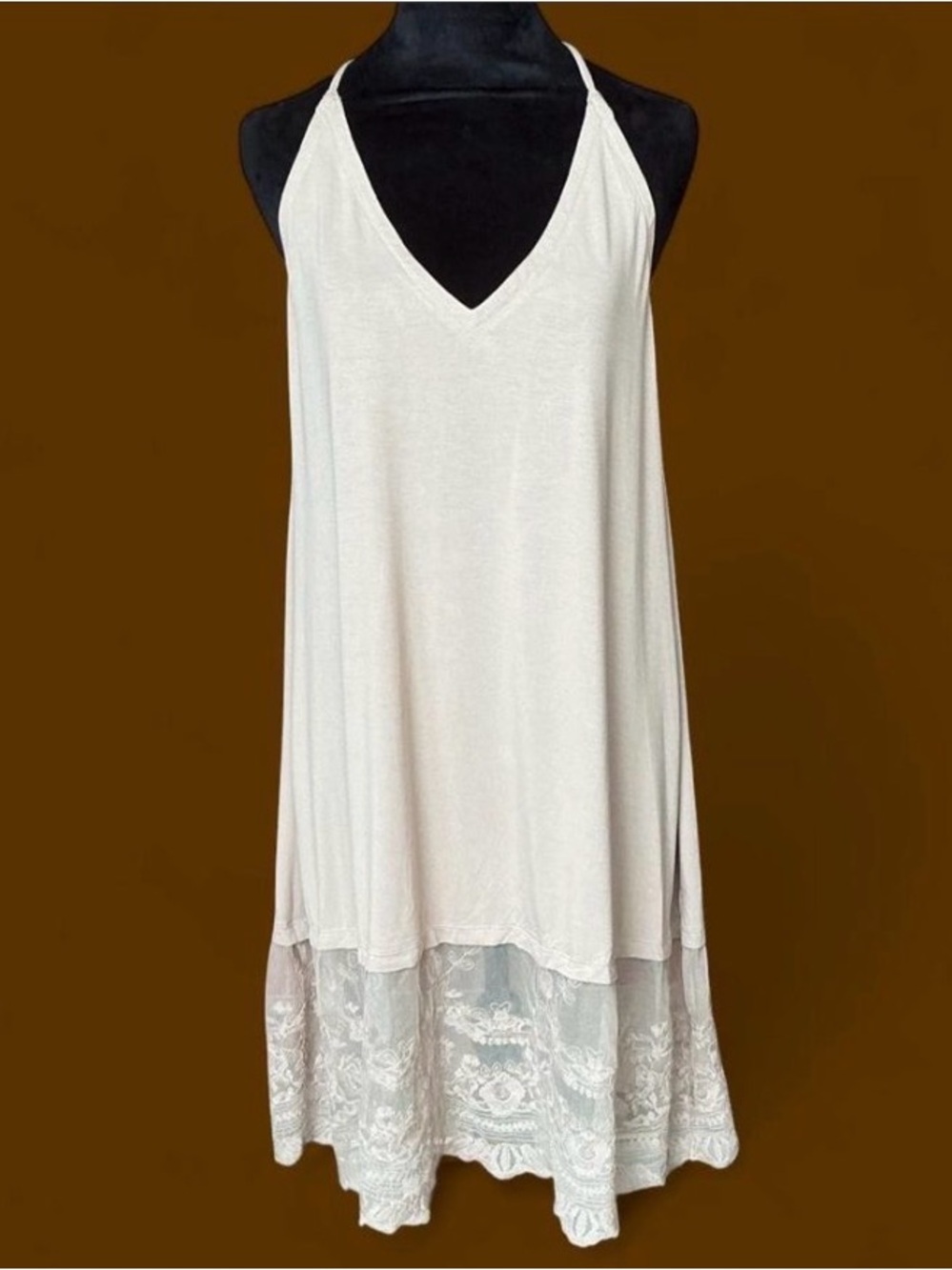 Ethereal Boho Cream Halter Dress with Lace Trim